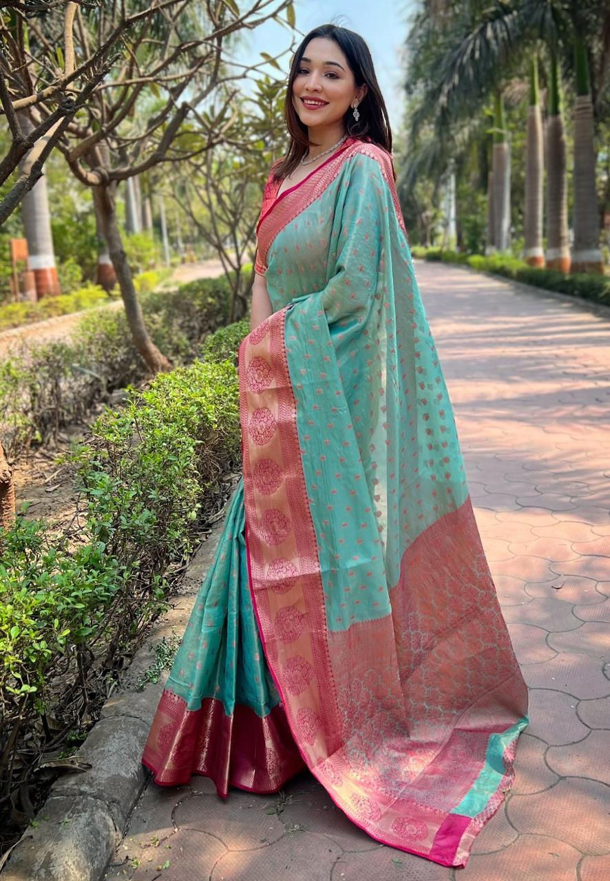 Tissue Ready to Wear Saree With Zari Butis Contrast Border and Brocade Blouse