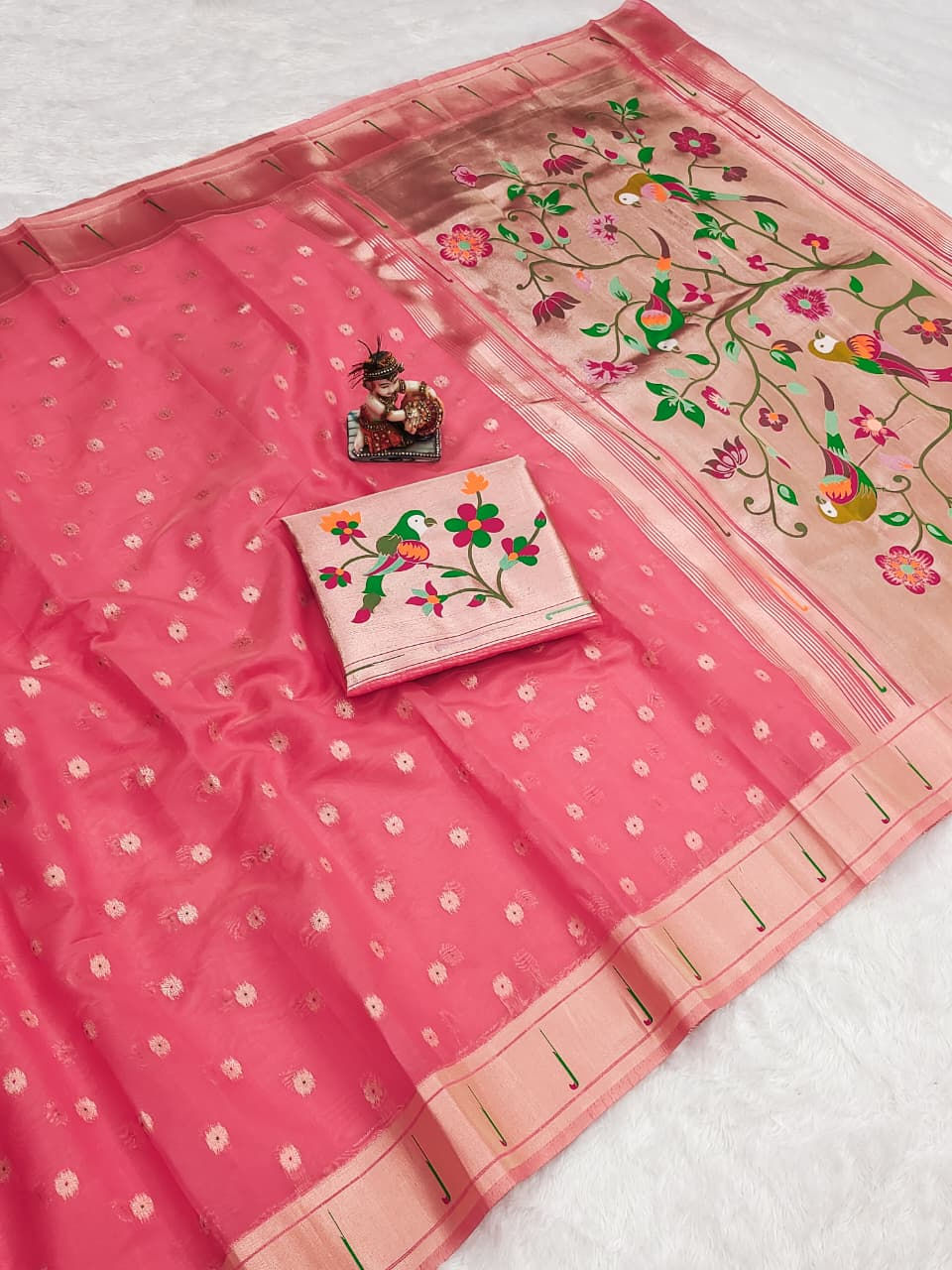 Semi Tissue Silk Paithani Ready Saree with Beige Pallu & Brocade Blouse