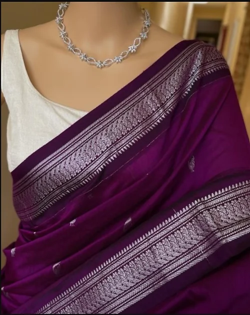 Kalyani silk cotton saree with silver/ gold zari border & butti