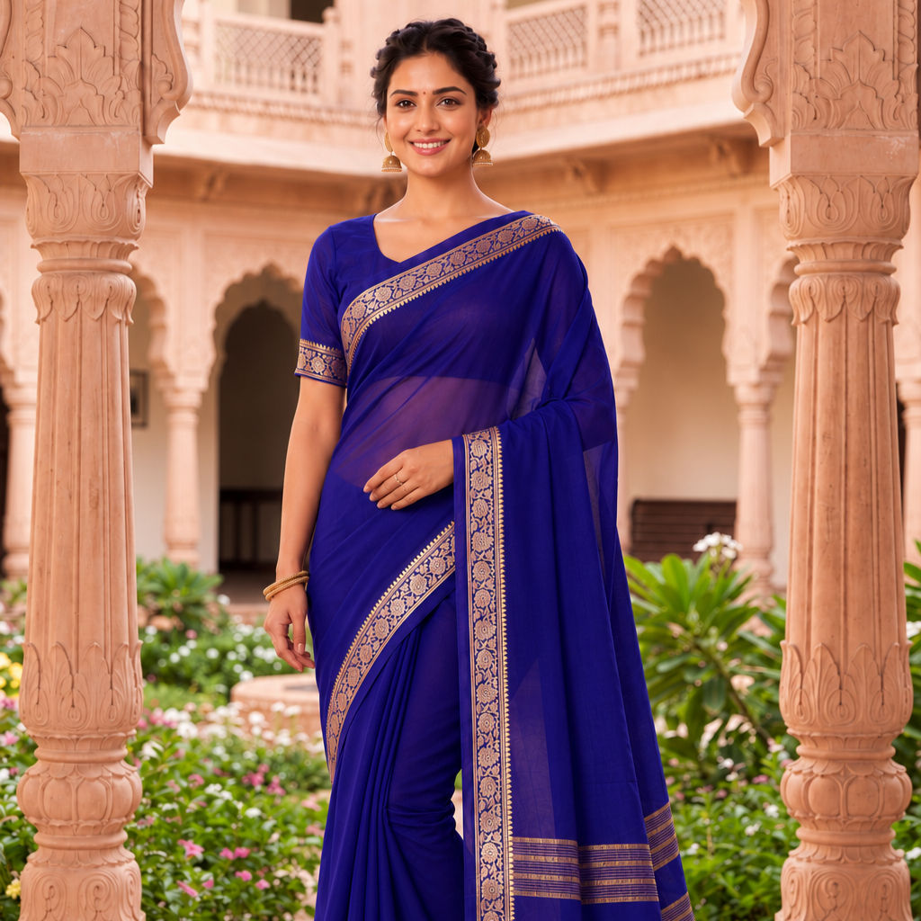 Ready to Wear Semi Mysore Chiffon Saree With Small Zari Border, Running Blouse