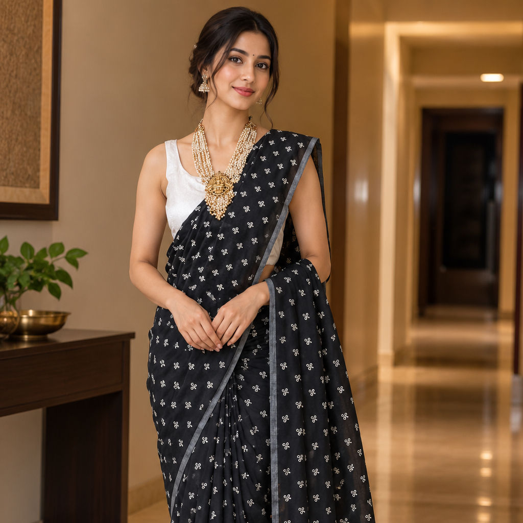 Cotton Blend Ready-to-Wear Saree With Floral Print, Contrast White Blouse
