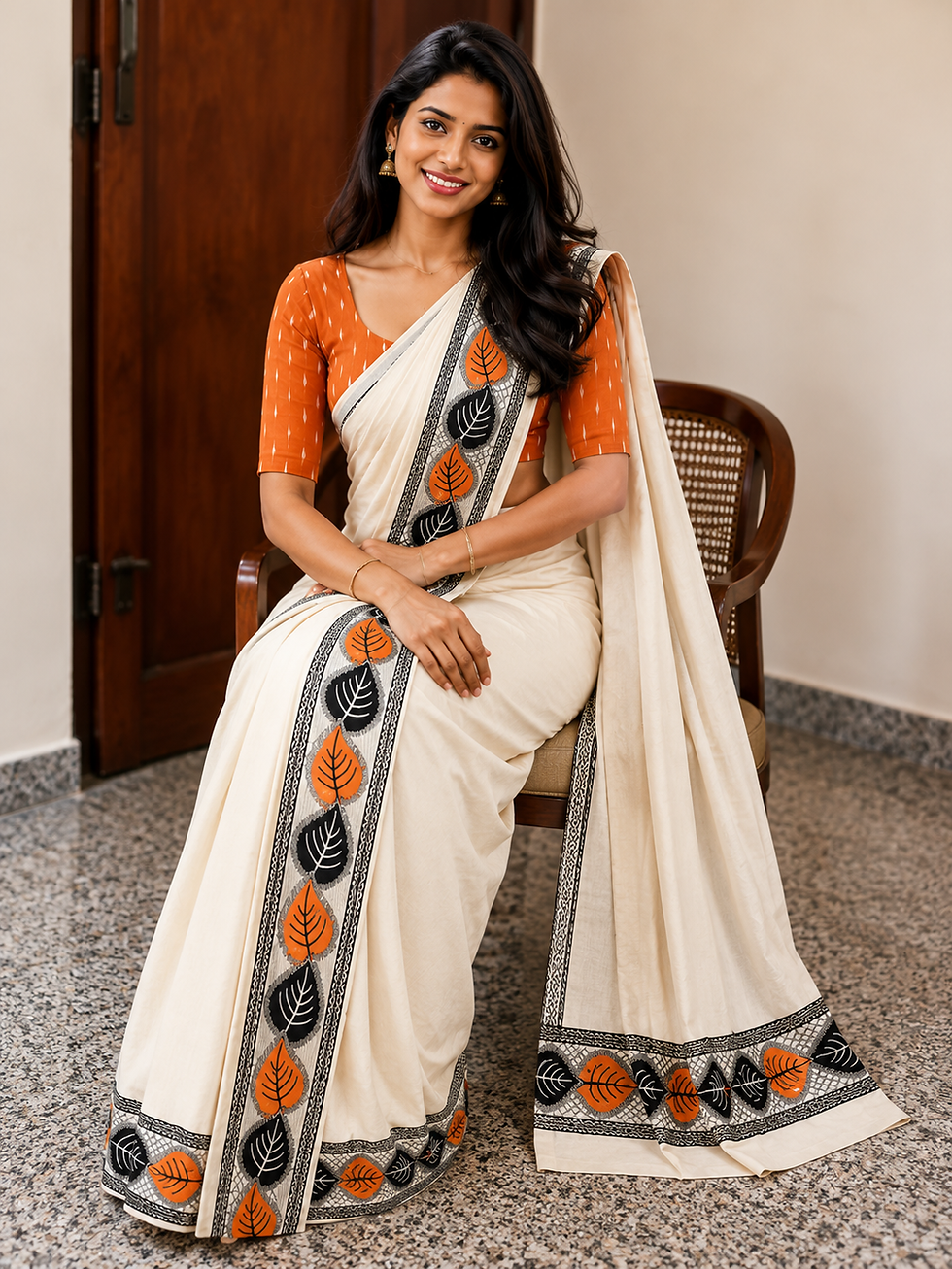 Readymade Set Mundu in Pure Cotton With Elegant Leaf Motifs, Printed Blouse