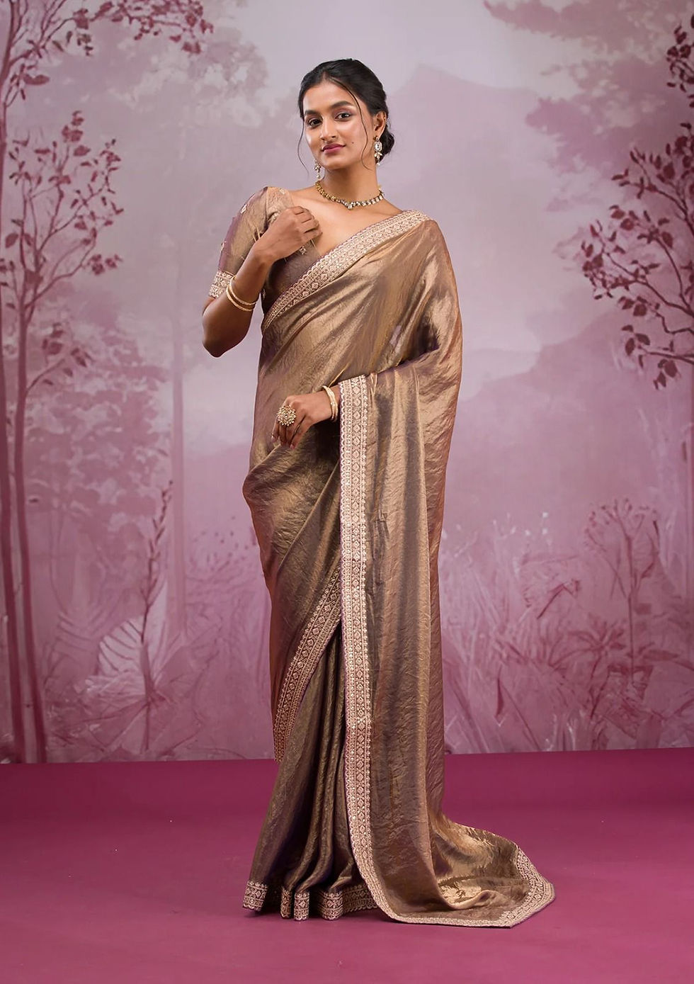 Soft Space Silk Ready-to-Wear Saree With Sequin Work Border, Full Work Blouse