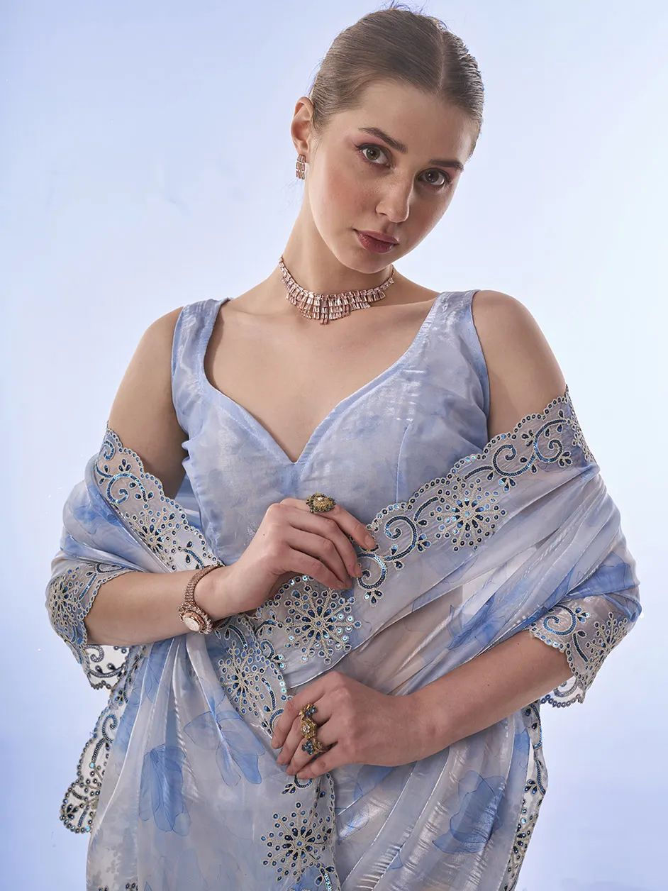 Blue Space Silk Saree with Cording & Sequins Embroidery and Printed Blouse