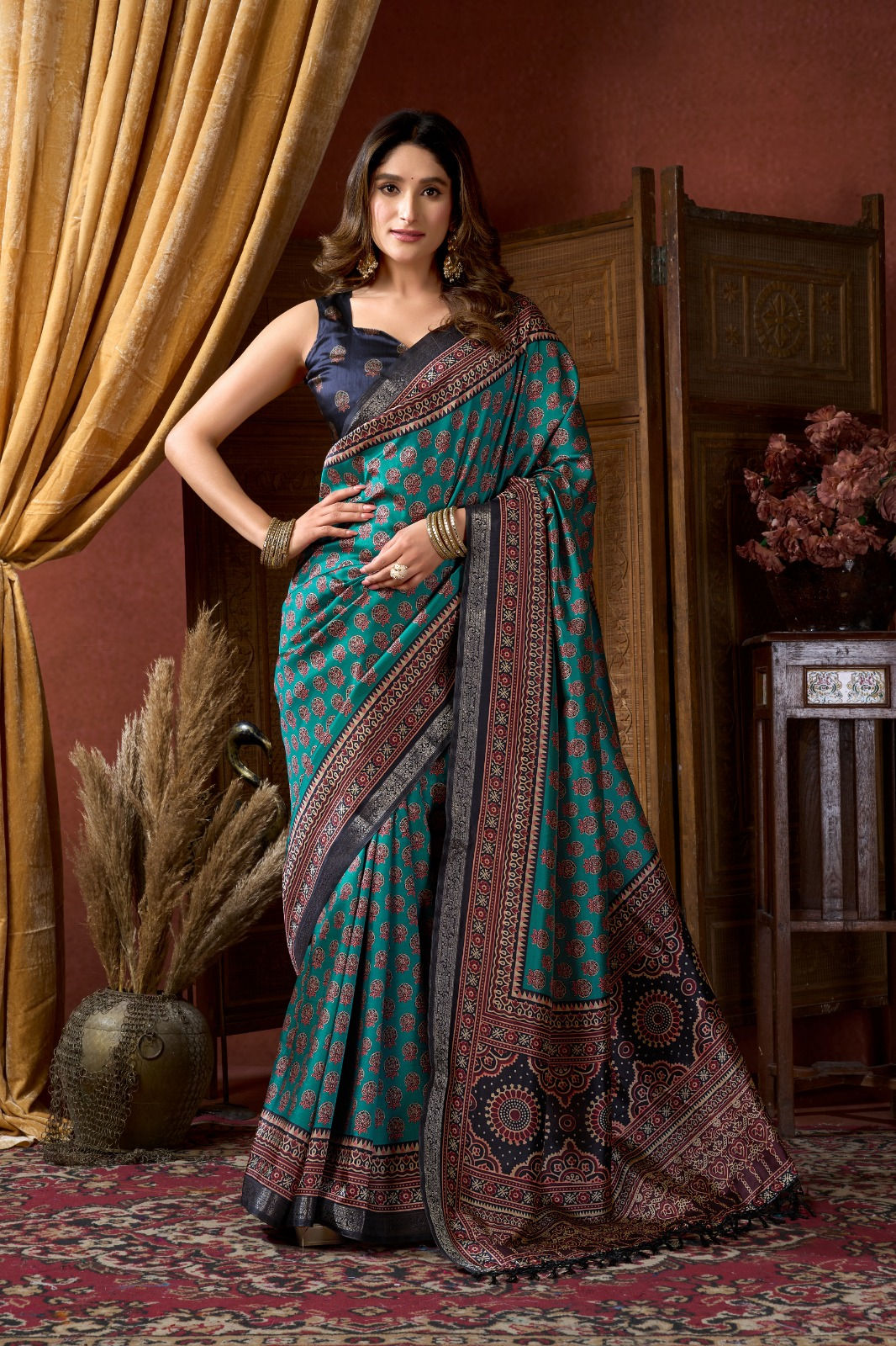 Soft Semi Silk Classic Ajrakh Print Ready-to-Wear Saree with Contrast Blouse