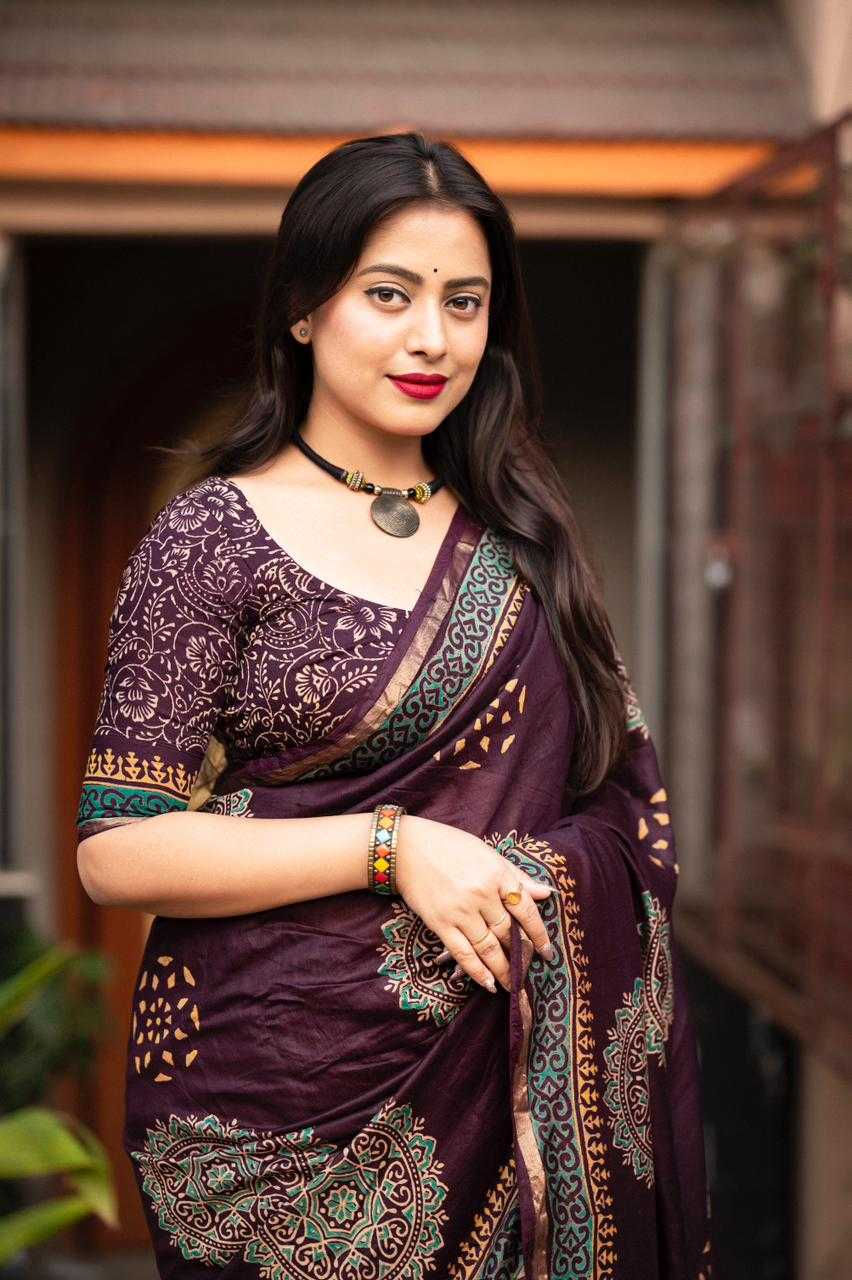 Pure Chanderi Cotton Ready to Wear Saree, Ajrakh Hand Block Print, Zari Border