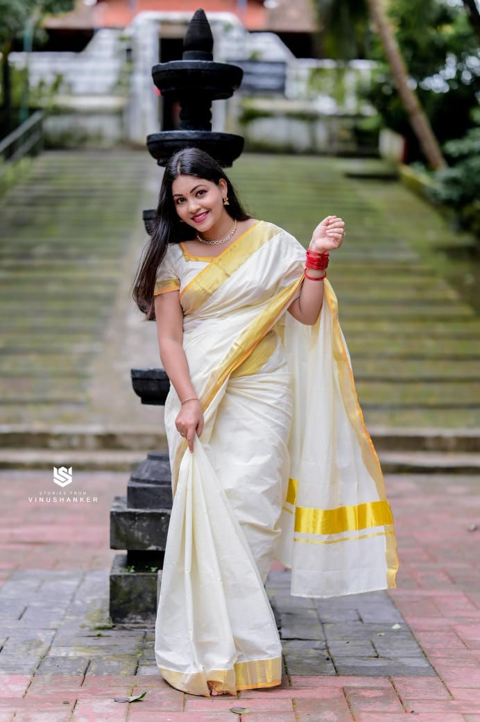 Kerala Kasavu Ready to Wear Cotton Saree with Gold Border & Orange Kara