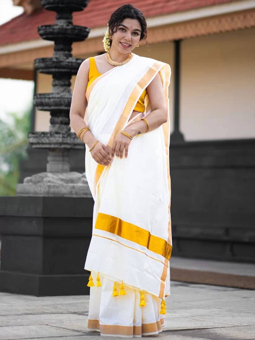 Onam Saree Ready to Wear, Kerala Kasavu Cotton, Plain with Zari Border