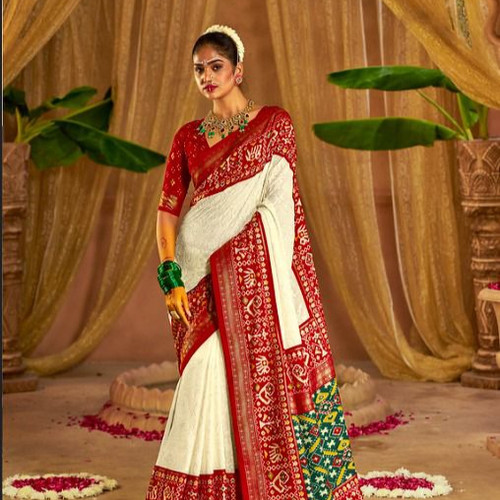 White and Red Saree Durga Puja Ready to Wear Saree Bandhani