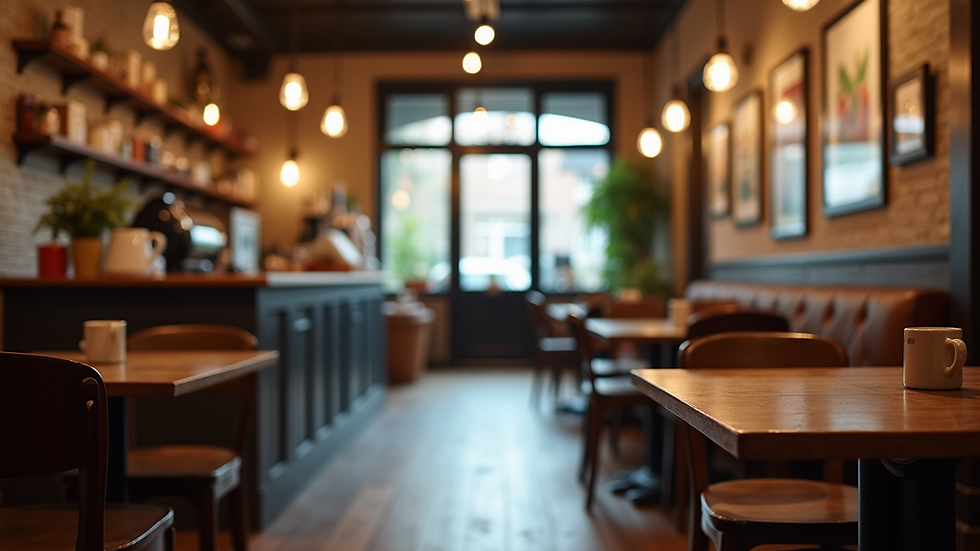 Eye-level view of a cozy local coffee shop with rustic decor