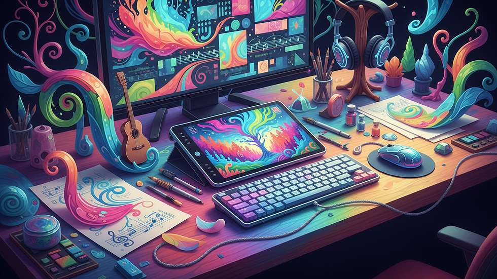 Close-up view of a designer’s desk with sketches and digital tools
