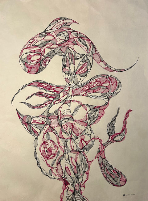 Linework Drawing on paper, fish, fire, totem