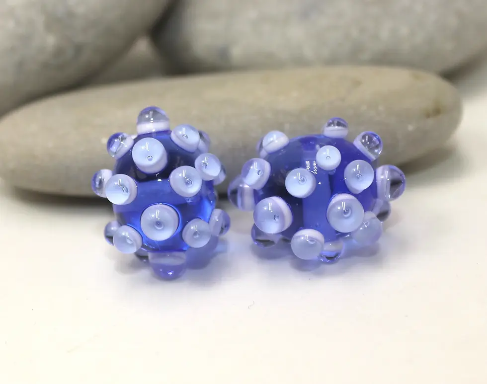 Blue-Lavender pair glass beads with raised dots 14mm