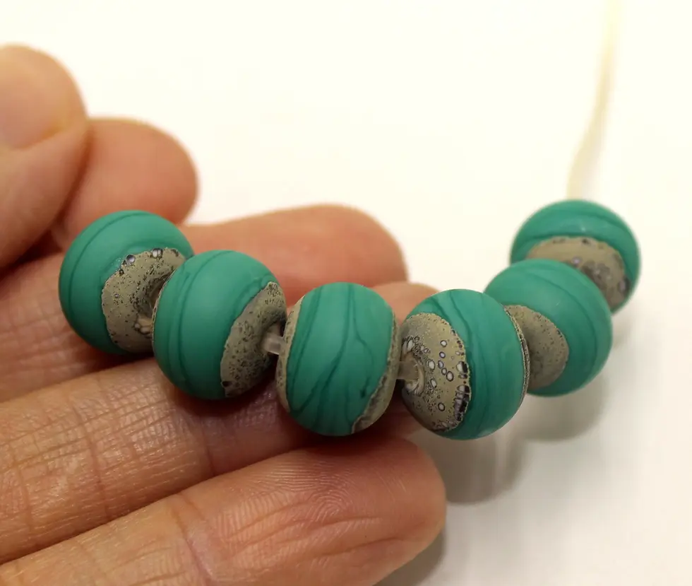 Teal Green etched rondelle beads 12mm