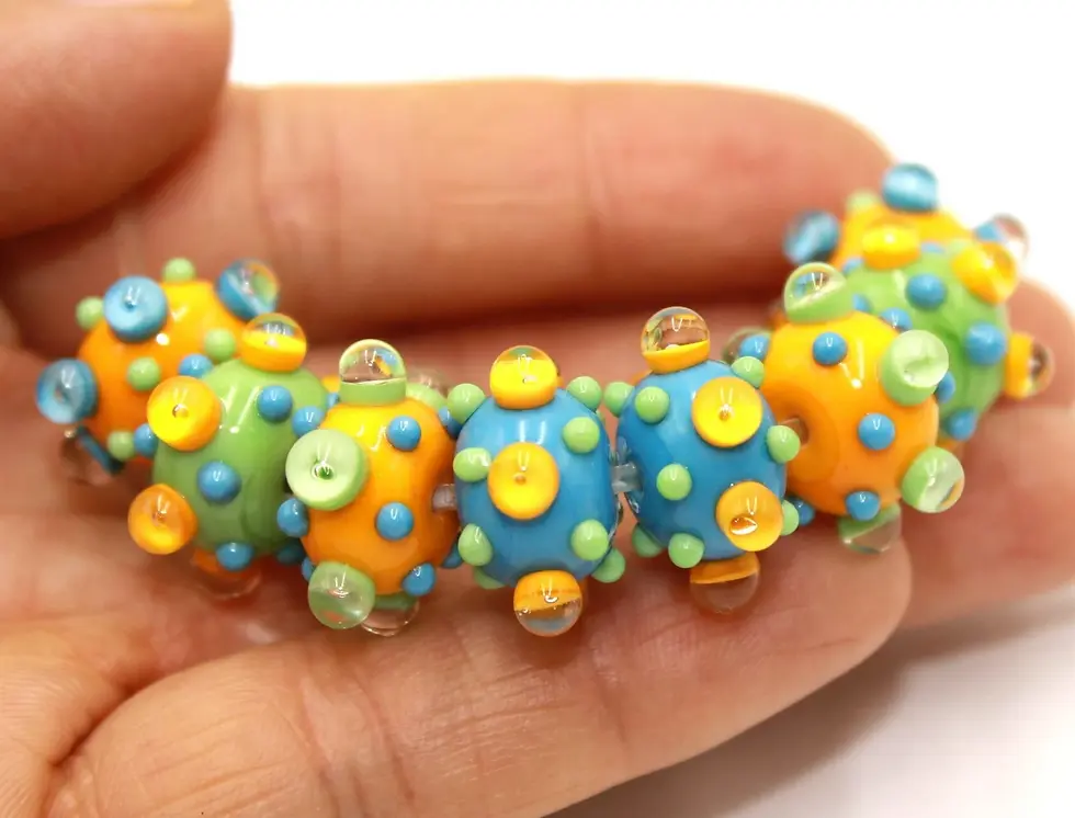 Green-Yellow rondelle beads 12mm with raised dots