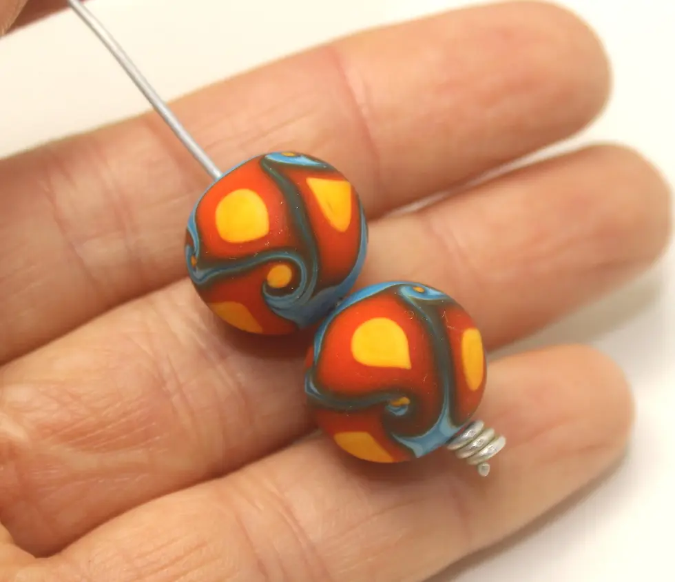 Turquoise etched pair glass bead 14mm