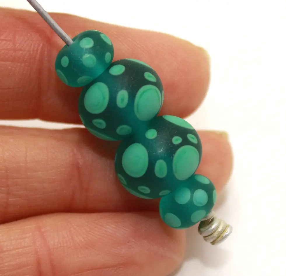 Teal Green etched pair beads with polka dot 12mm
