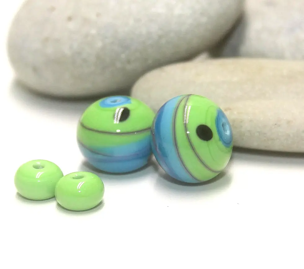 Green-Turquoise pair lampwork glass bead 14mm
