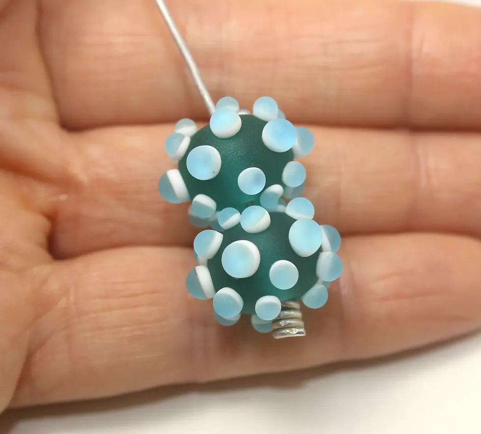 Teal Green etched pair beads with raised dots