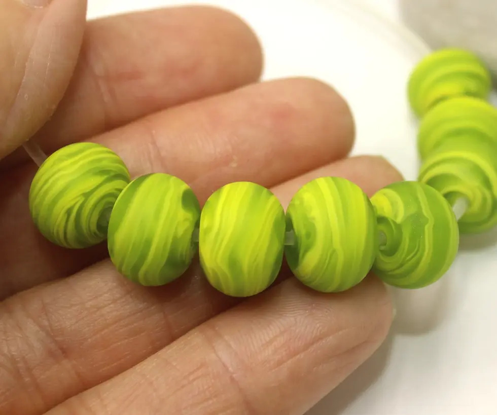 Green etched rondelle beads