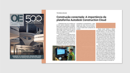Página da Revista O Empreiteiro com matéria intitulada ‘Construção conectada: A importância da plataforma Autodesk Construction Cloud’. O conteúdo aborda integração digital, governança da informação e rastreabilidade em Projetos de Capital, destacando a atuação da Blossom Consult na aplicação de CDEs e colaboração BIM em setores industriais como mineração, metalurgia e óleo & gás.
