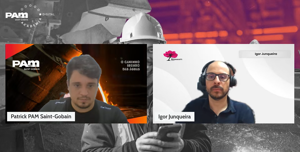 Captura de tela do webinar da PAM Academia Digital com Patrick Almeida, da PAM Saint-Gobain, e Igor Junqueira, da Blossom Consult, debatendo reologia aplicada, bombeamento e transporte de fluidos na mineração.