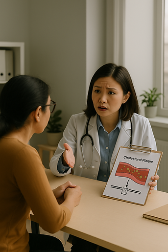Female cardiologist explaining why cholesterol remains high despite medication — consultation in Singapore