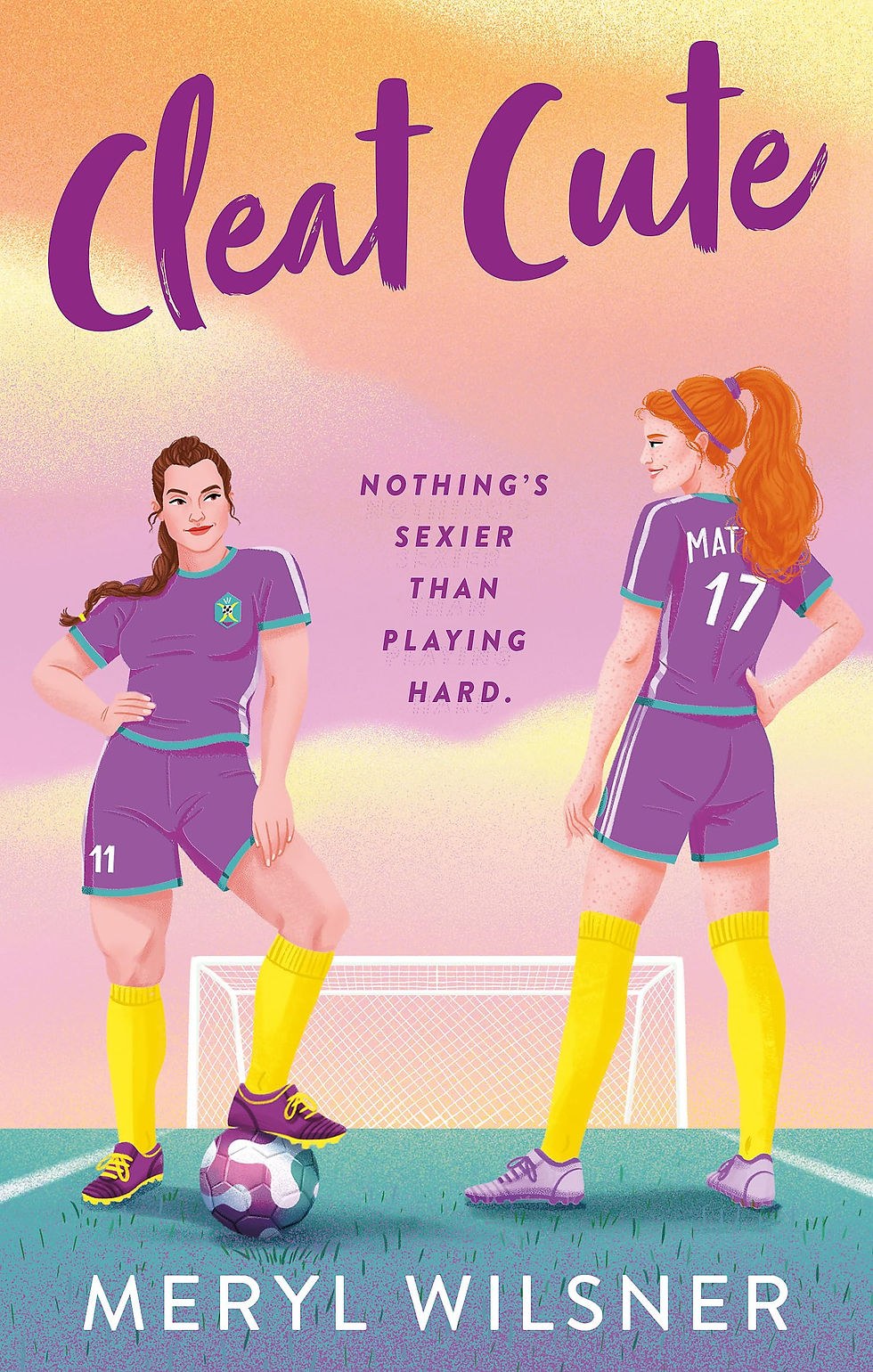 Cover of Cleat Cute by Meryl Wilsner, a women’s football novel reviewed on Her Boots Her Books, which is an illustration of a brunette and a redhead in purple football kit, on a football pitch