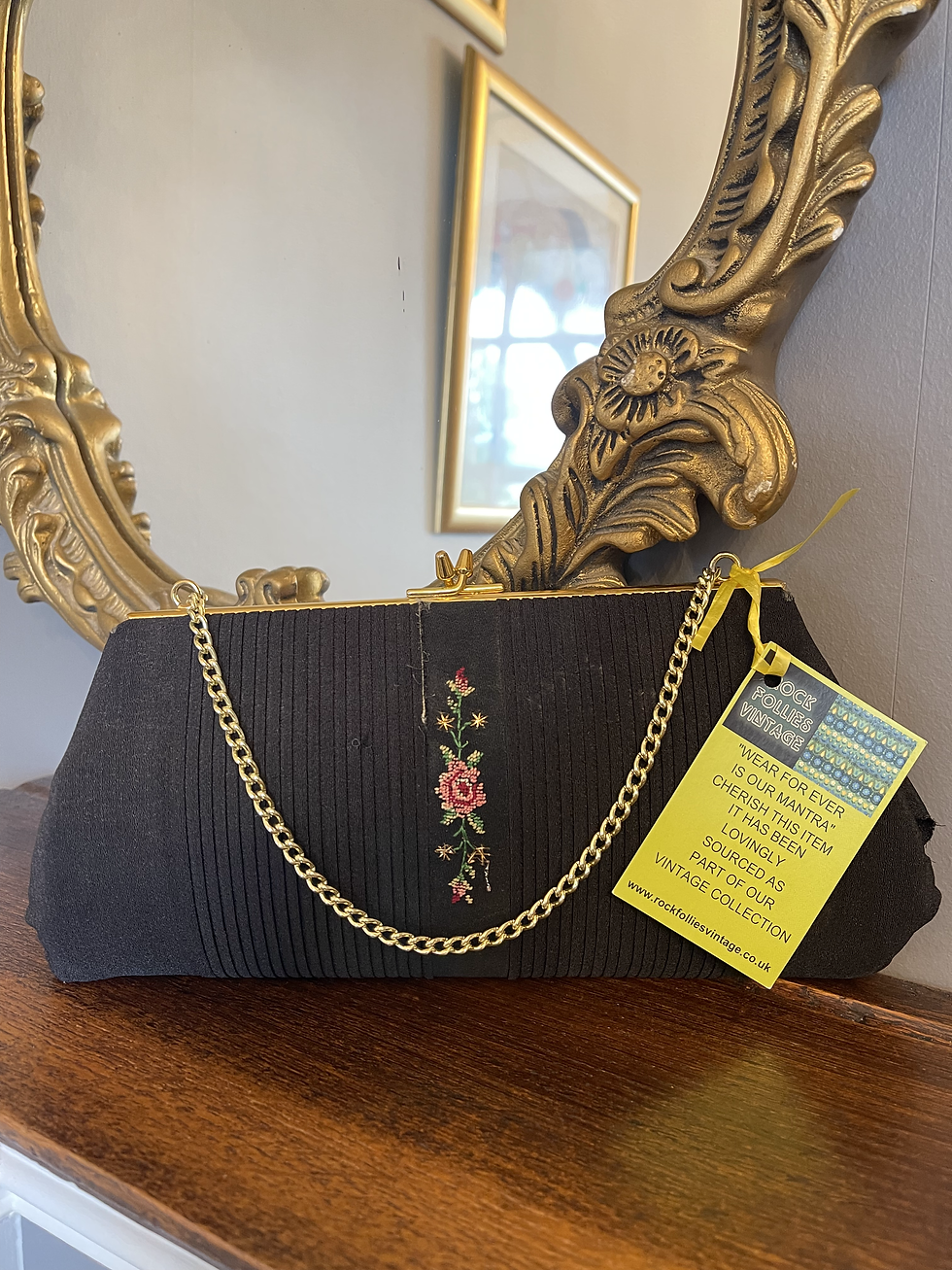 Thumbnail: Black Long Frame Evening Bag with Embroidered Panel and Wrist Chain