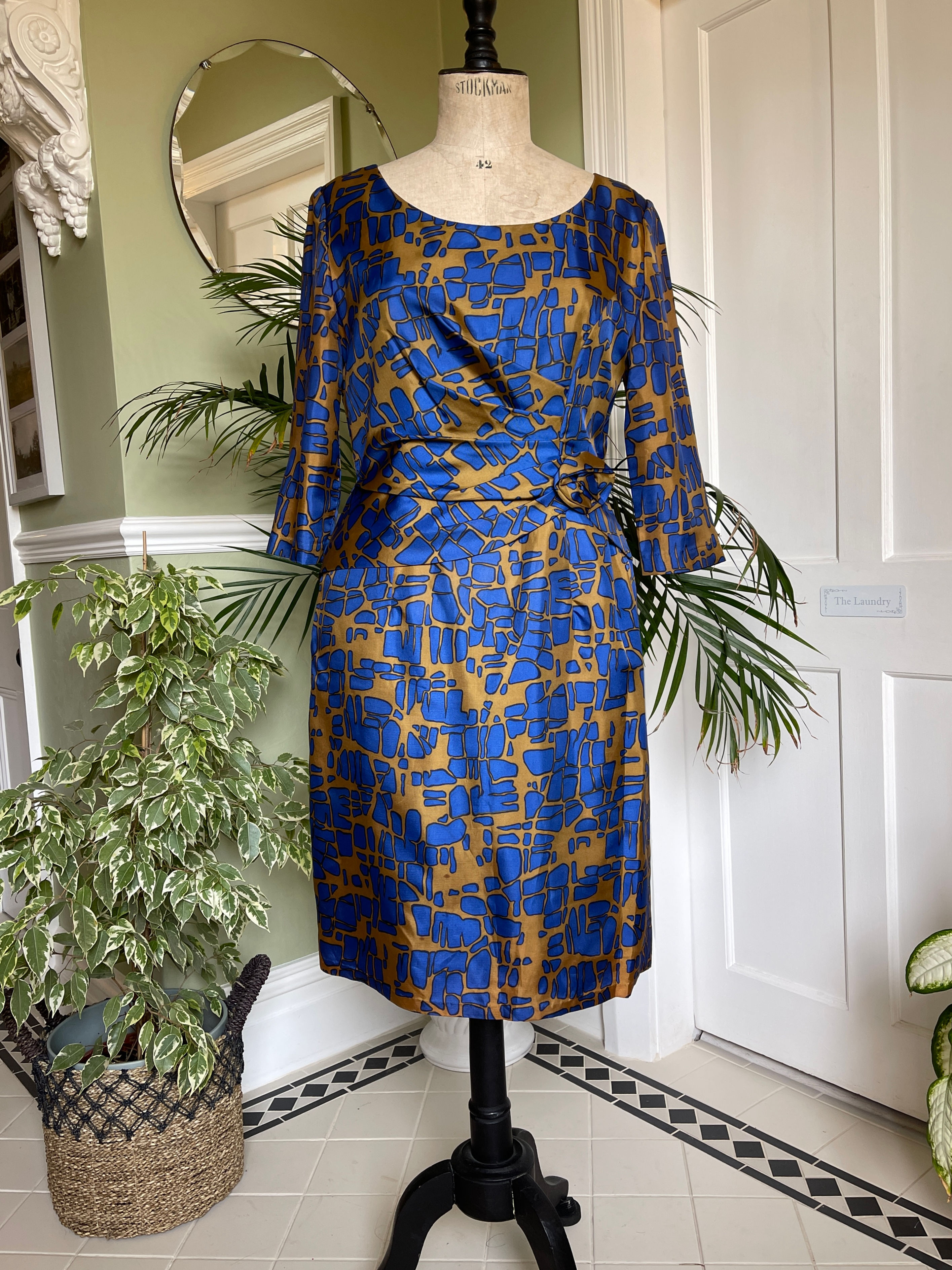 1950's Tan & Blue Cocktail Dress