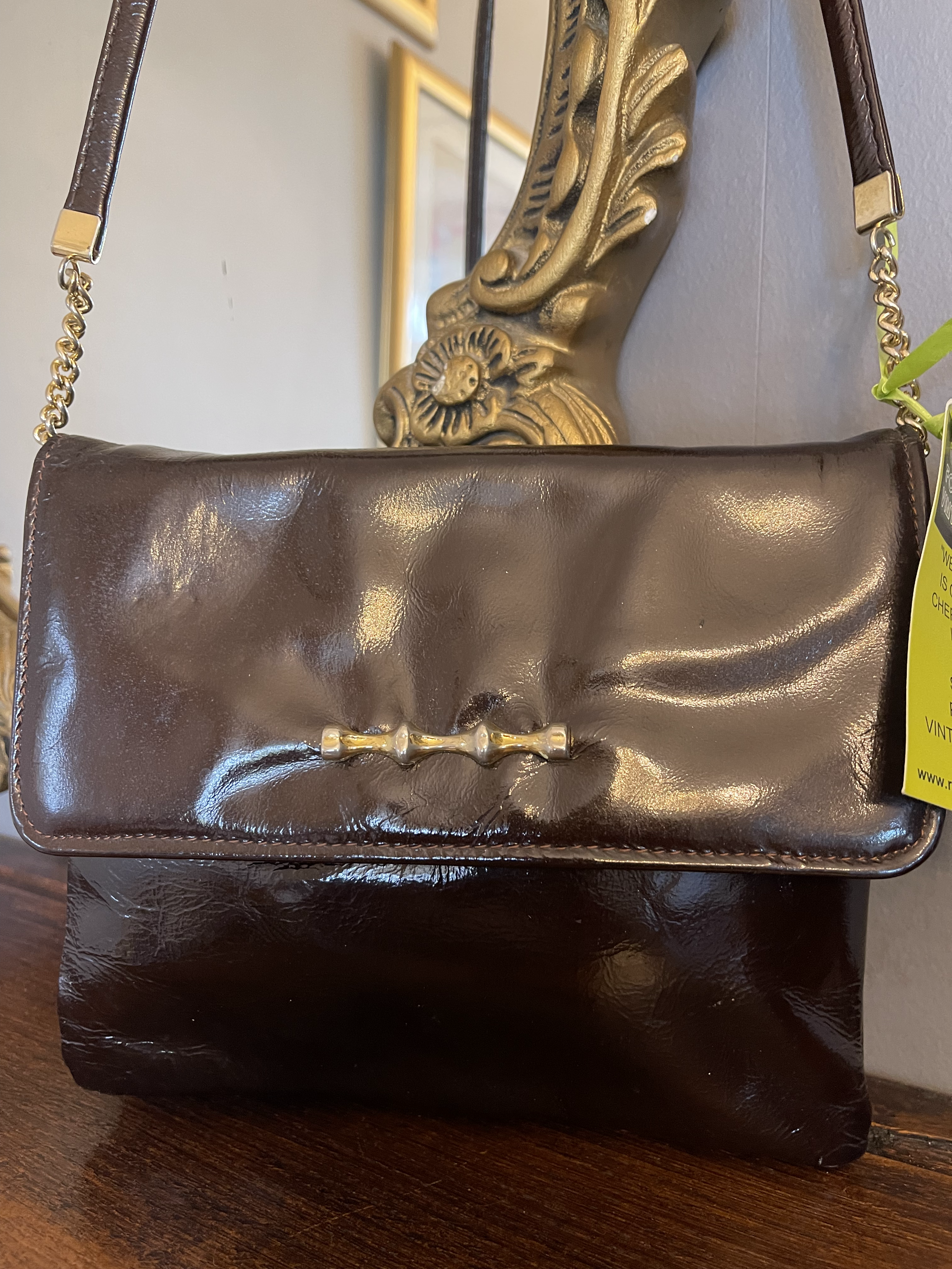 1980s Brown Patent Leather  Bag with Removable Strap