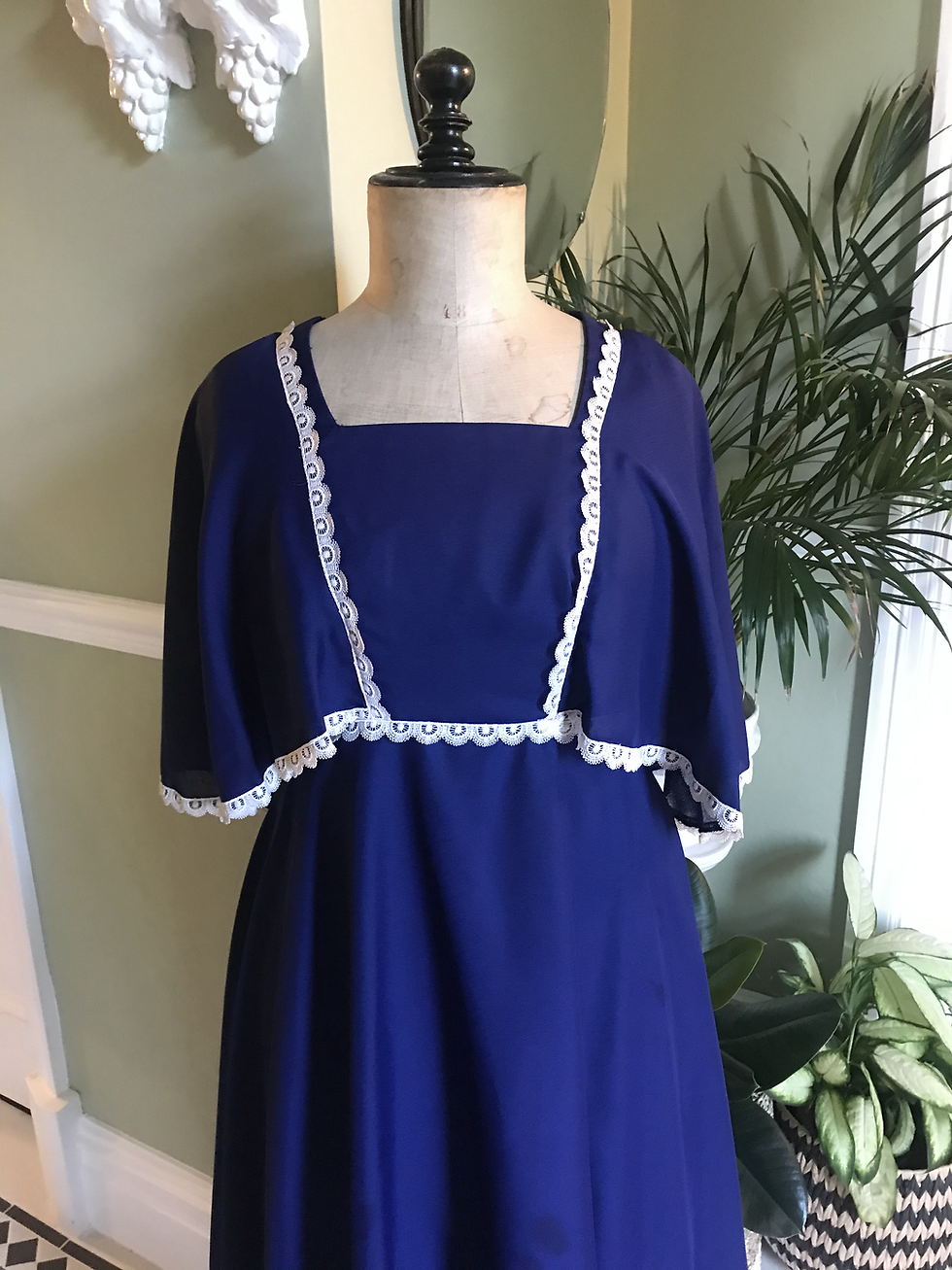 Thumbnail: 1970s Navy and White Maxi Dress with Angel Sleeves Front View