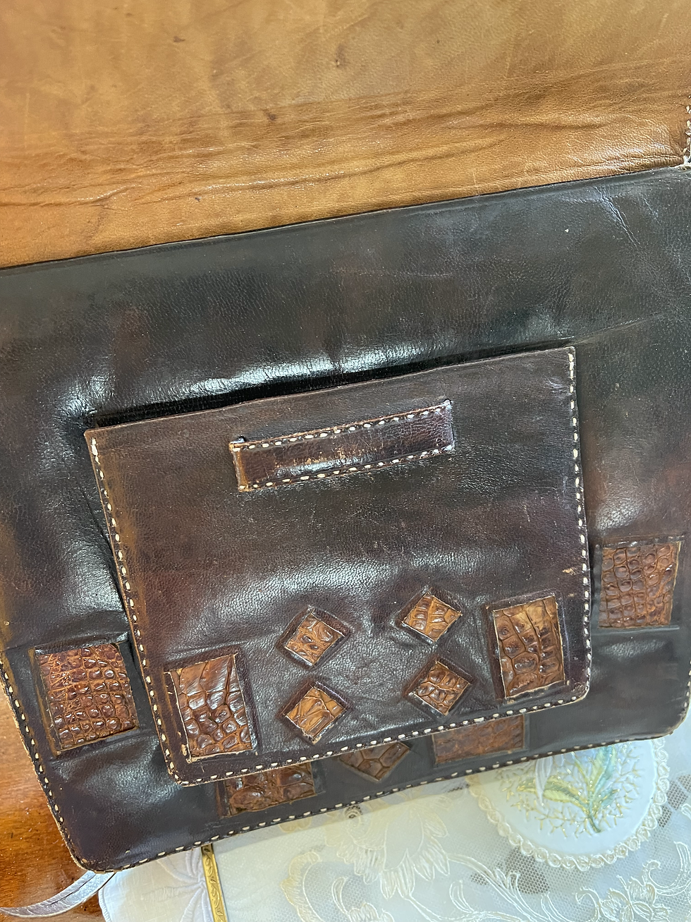 Thumbnail: 1940s Leather Shoulder Bag with Crocodile Panelling