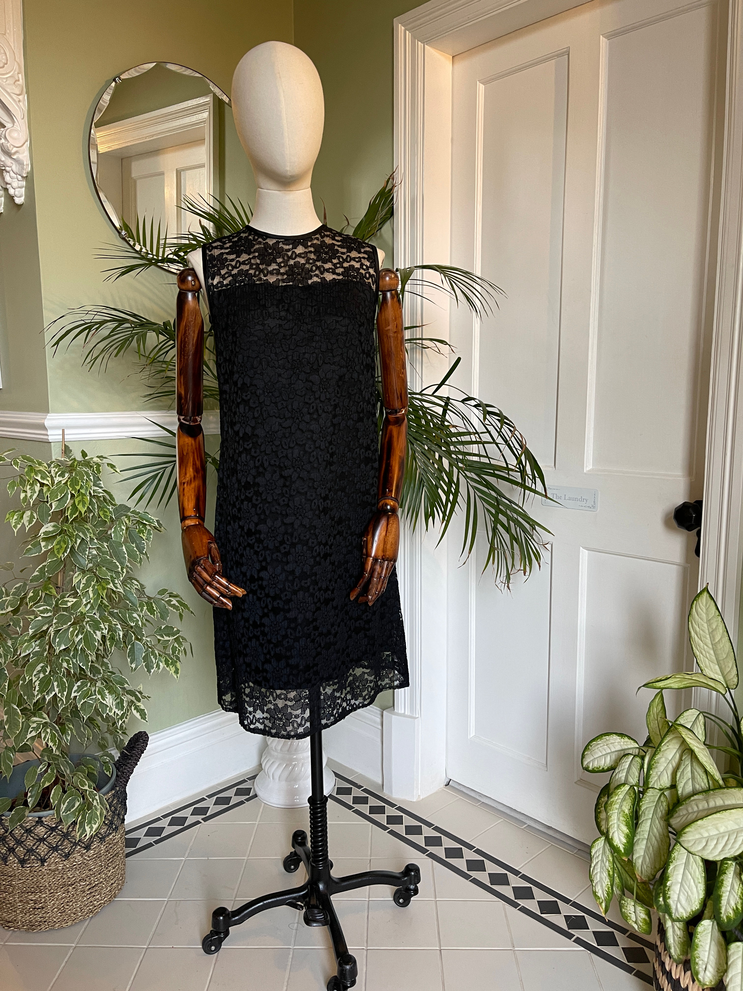 1960's Black Lace Shift Dress With Pale Yoke