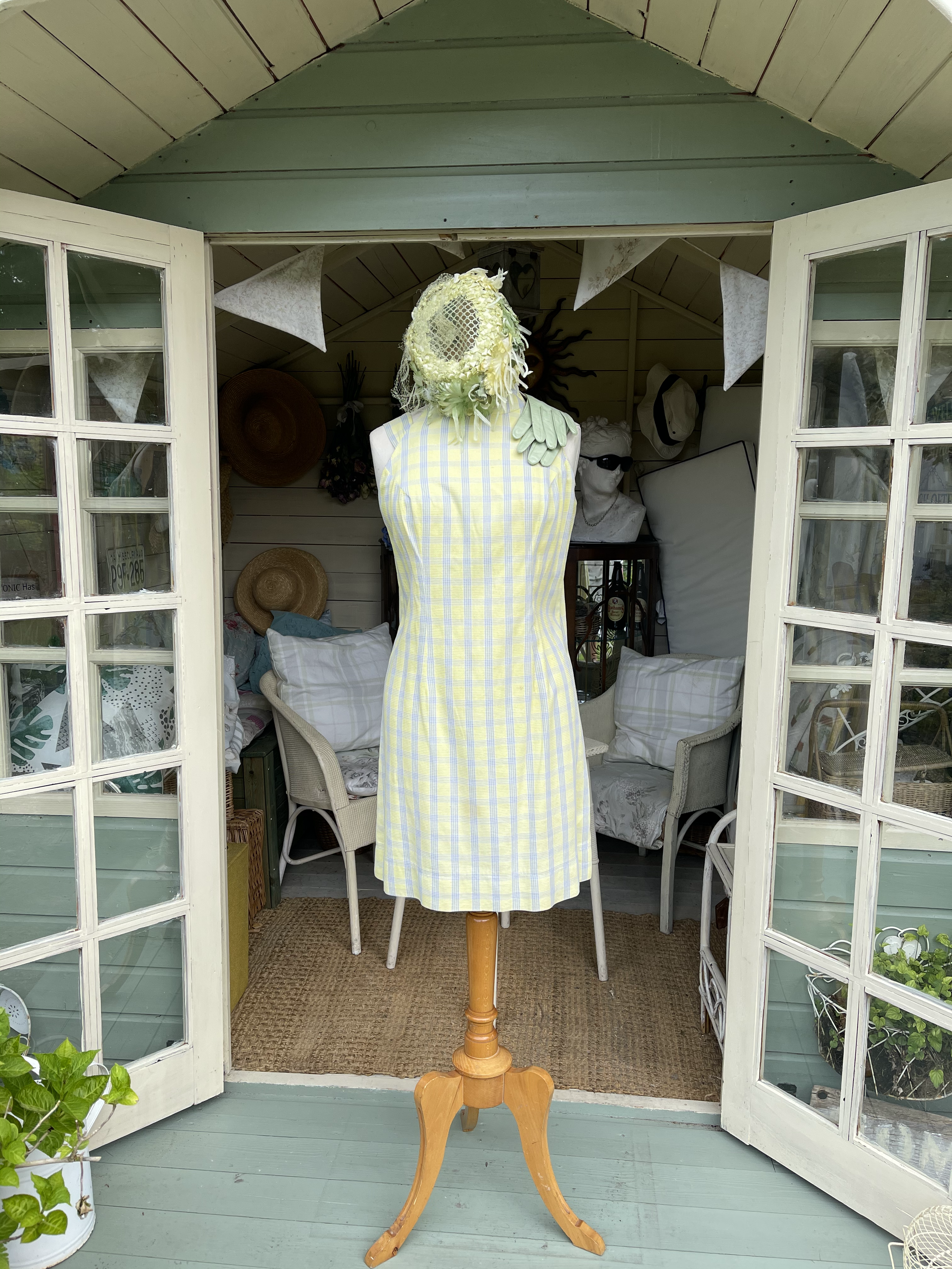1960s Yellow and Grey Shift dress with High Neck Front View