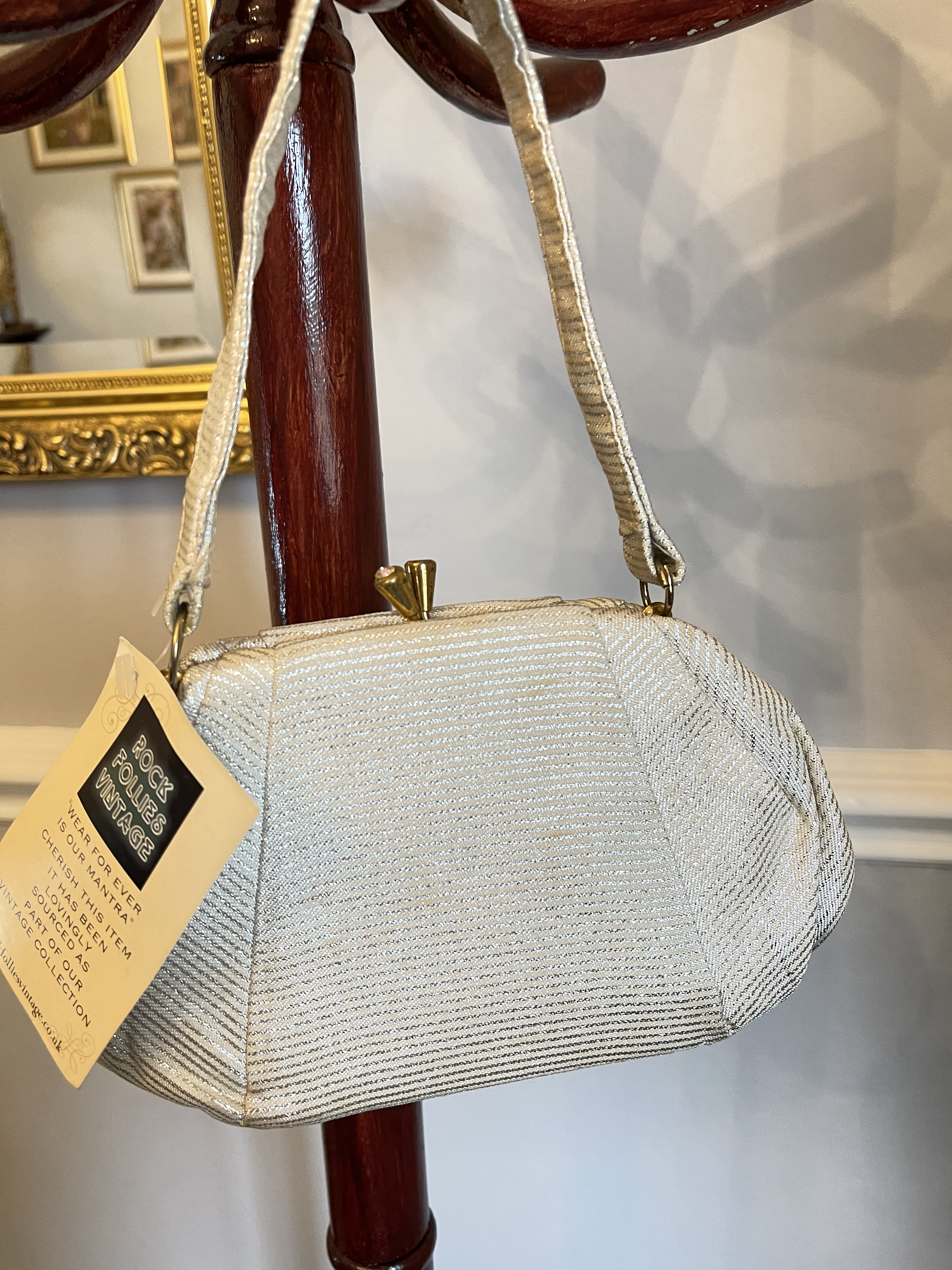 White & Silver Lurex Fabric Art Deco Mini Frame Bag