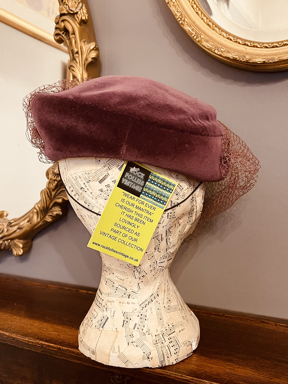 Thumbnail: 80s does 40s Mauve Velvet Pill Box Hat with Veiling