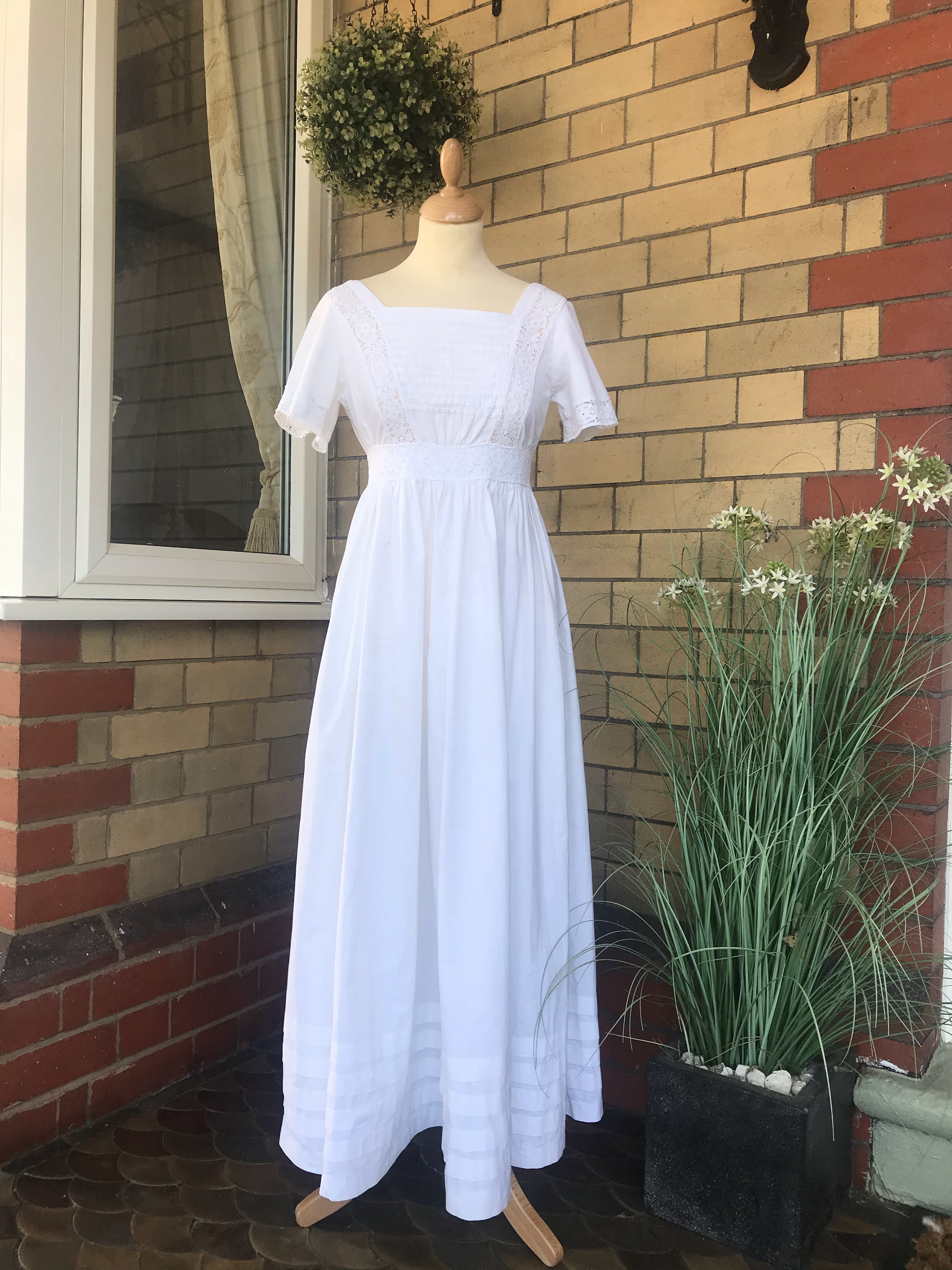 1970s White Cotton Maxi Dress ByLaura Ashley Front View