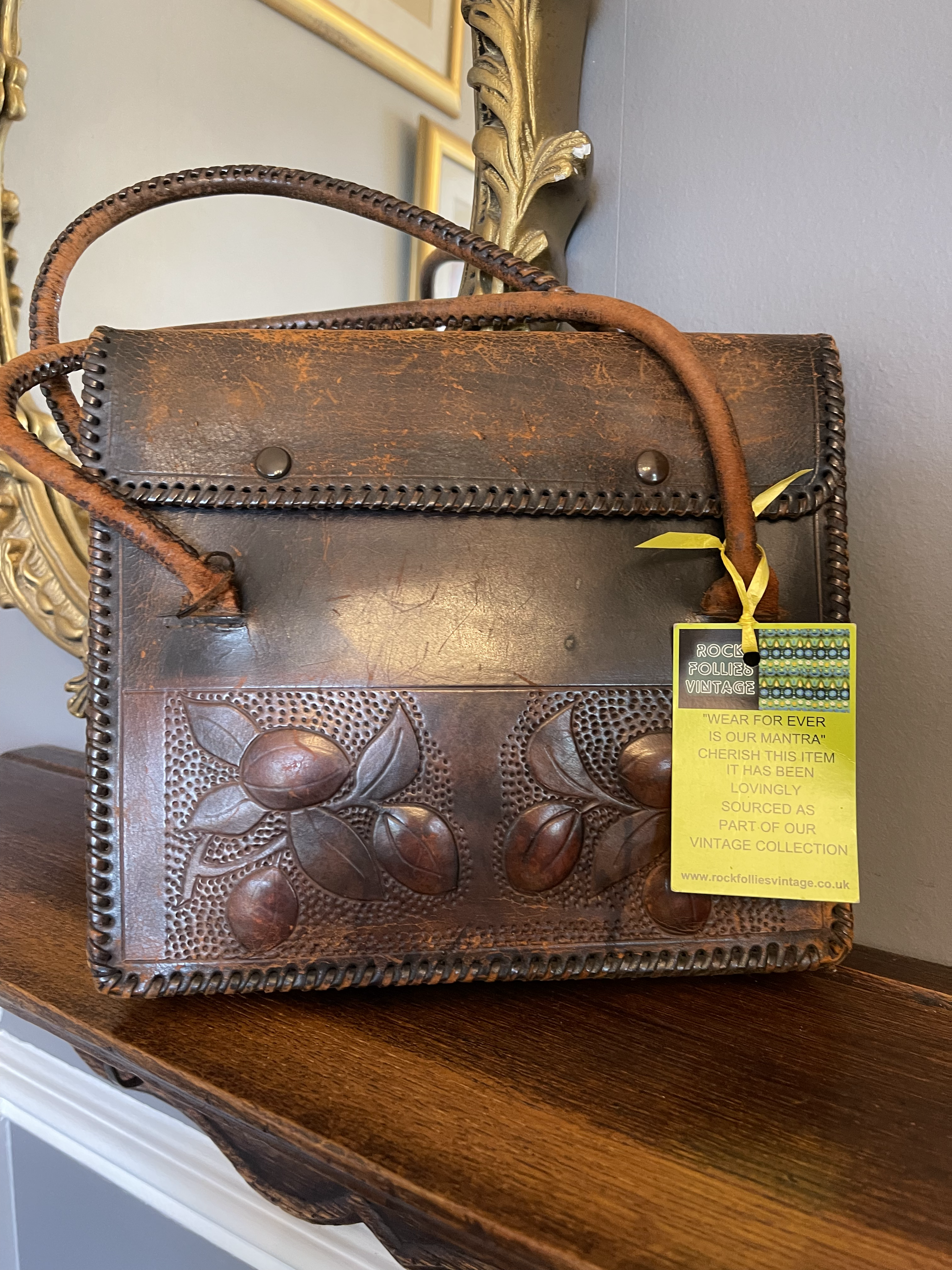 1900s - 1920s Brown Leather Organiser Bag with Tooled Leather