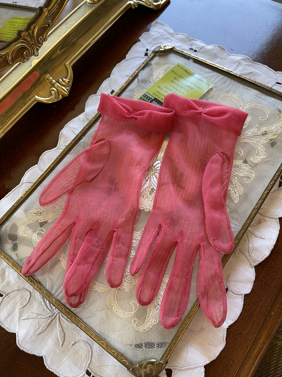 1950s Sheer Coral Nylon Gloves with Ruched Wrist Detail