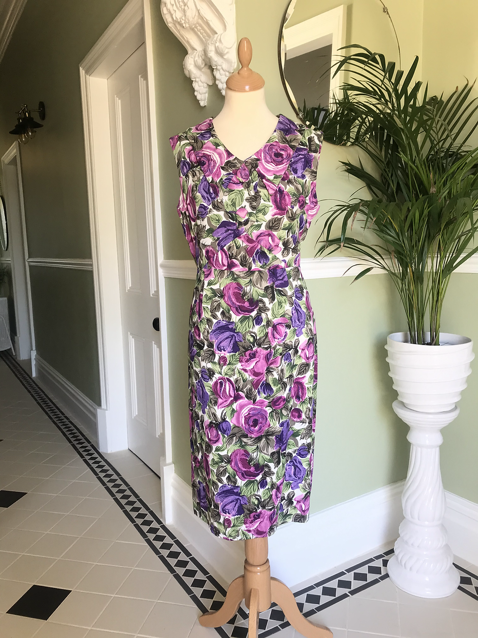 1950s Purple and Greens Pencil Dress Front View