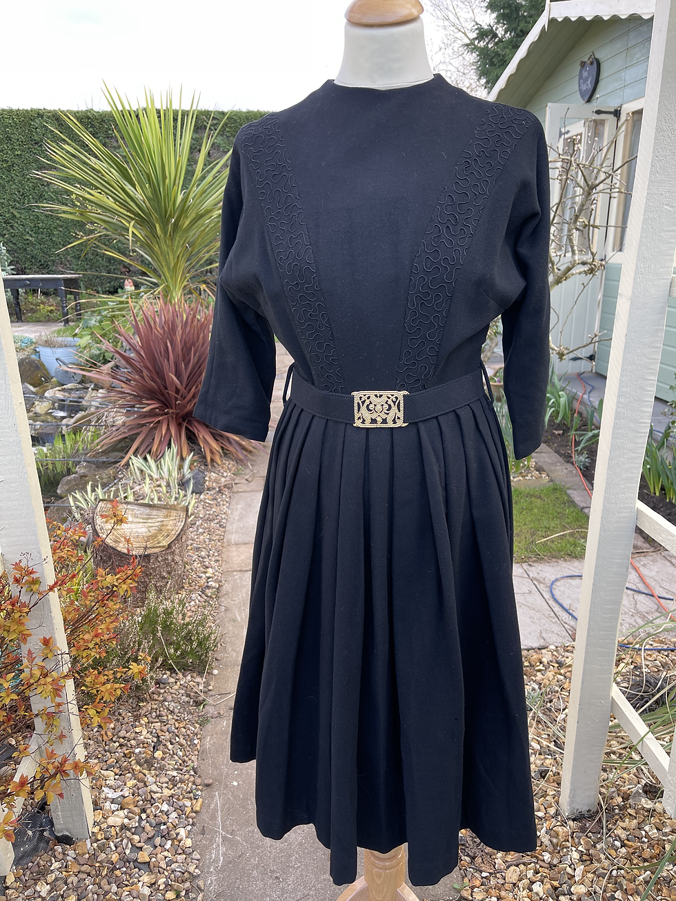 1940s Black Wool Dress with Cording Design and Gold Buckle