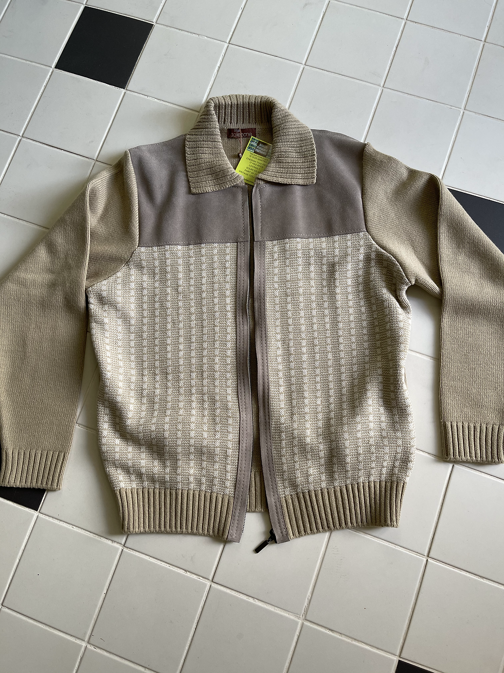 Thumbnail: Stone & Cream Zipped Cardigan with Faux Suede