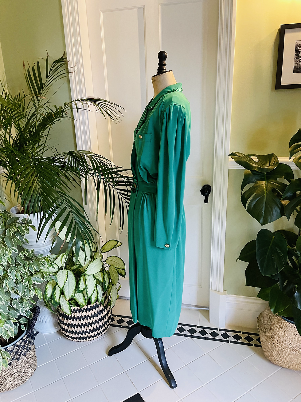 Thumbnail: Emerald Green Sequinned Trimmed 1980s Wrap Dress