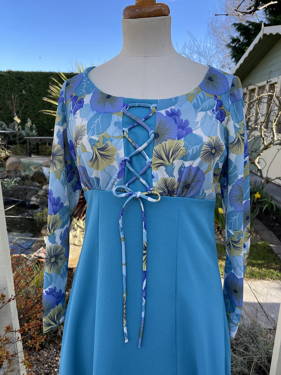 Thumbnail: 1970s Kingfisher Blue & Print Maxi Dress Front View