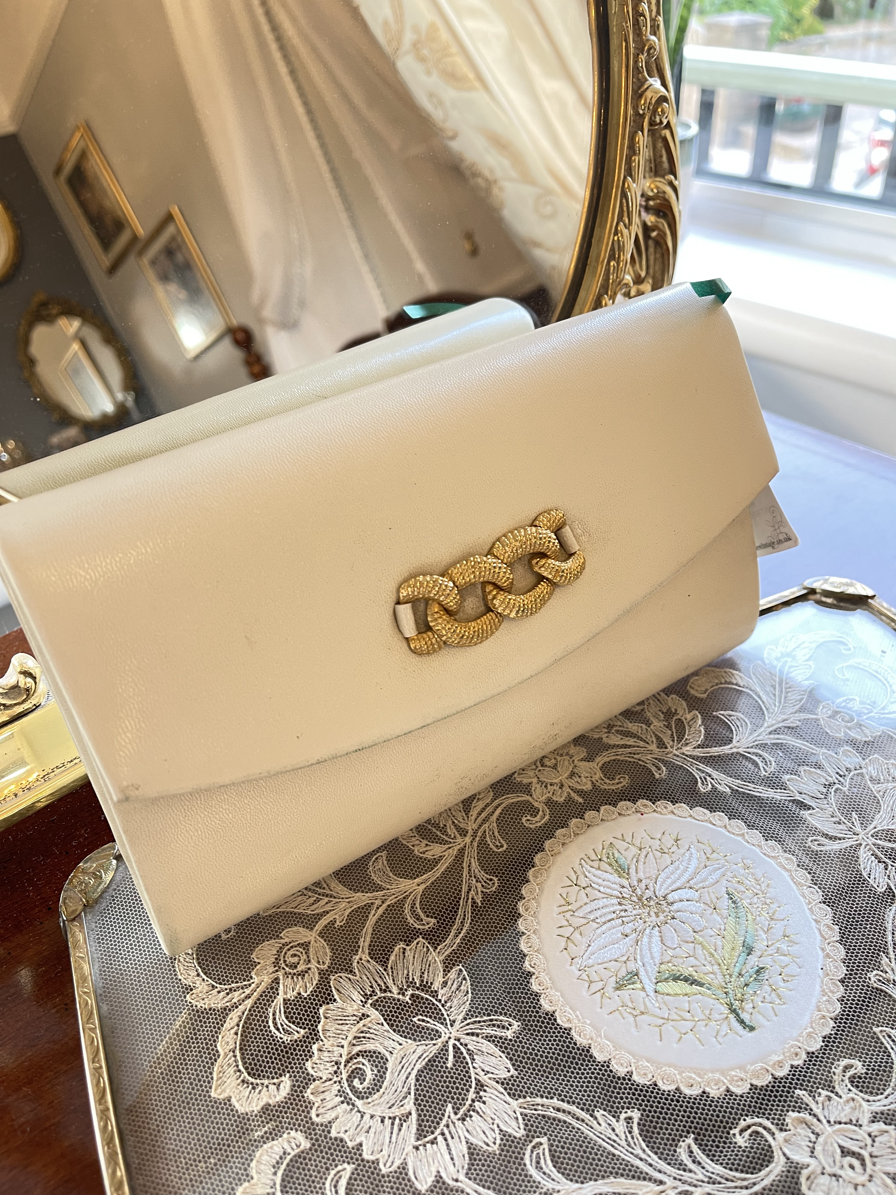 1980s Ivory & Gold Chain Clutch Bag