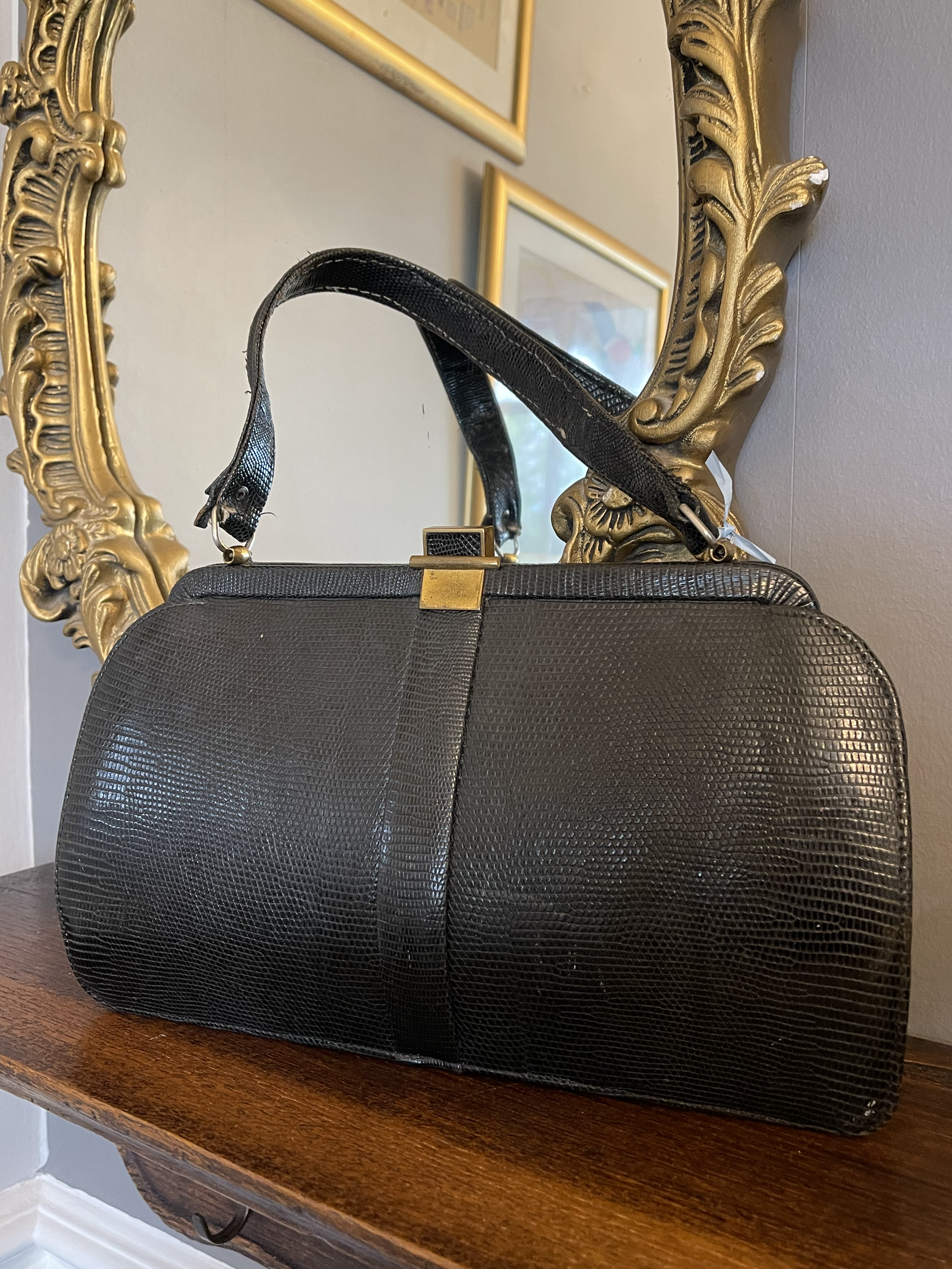 1940s Black Lizard Skin Frame Handbag