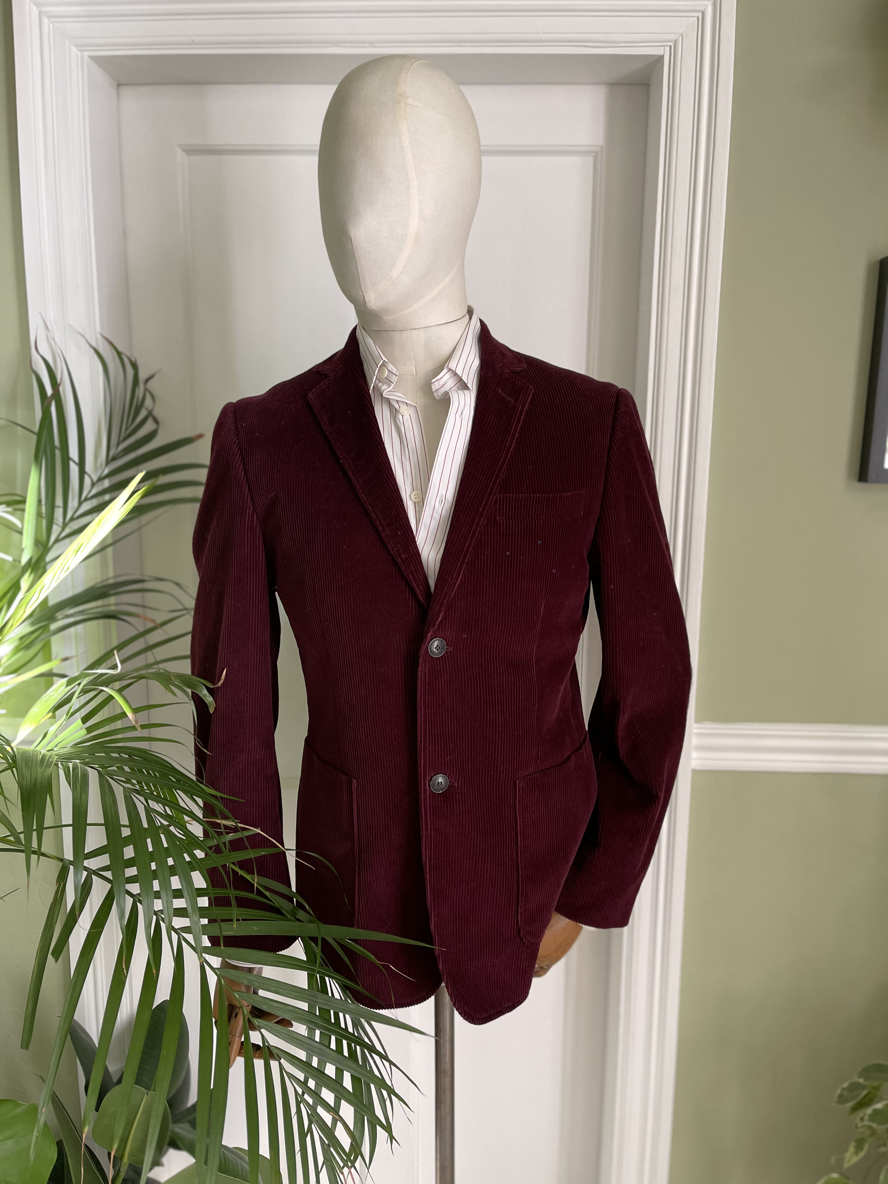 Burgundy Corduroy Jacket with Silk & Harris Tweed Front View