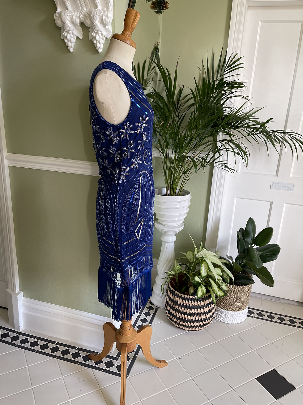 Thumbnail: 1920s Style Fringed Blue Sequinned Dress Side View