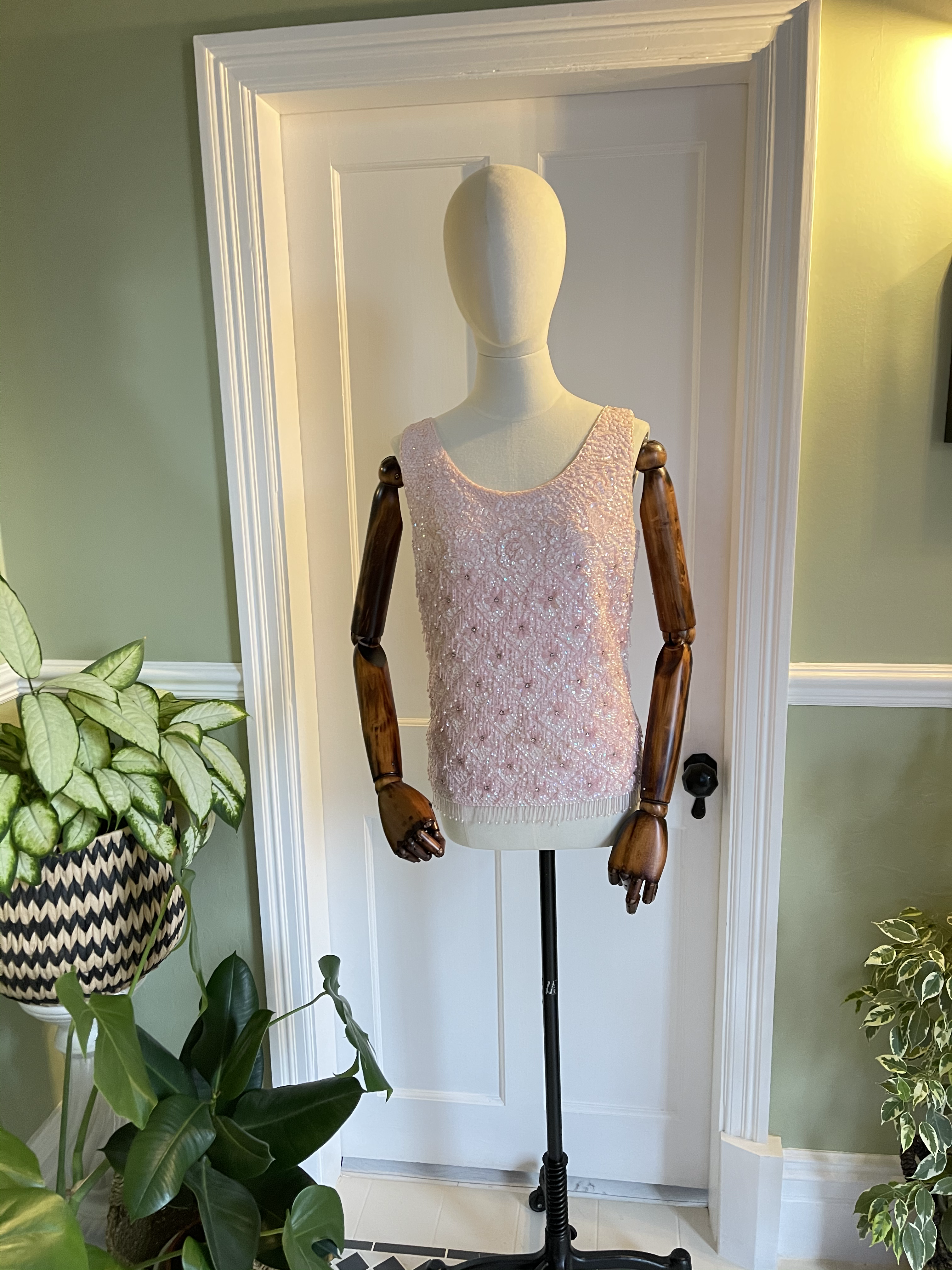 1960s Pink Knitted Beaded Top